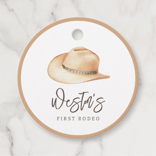 Eerste Rodeo Neutral Southern Cowboy Birthday Bedankjes Labels (Voorkant)
