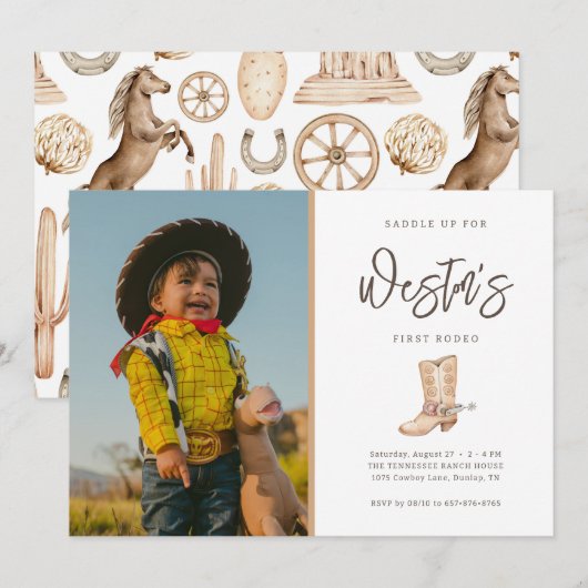 Eerste Rodeo Neutral Southern Cowboy Birthday Invi Kaart (Voorkant / Achterkant)