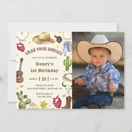 Eerste Rodeo Pak je paarden Foto uitnodiging (Voorkant)