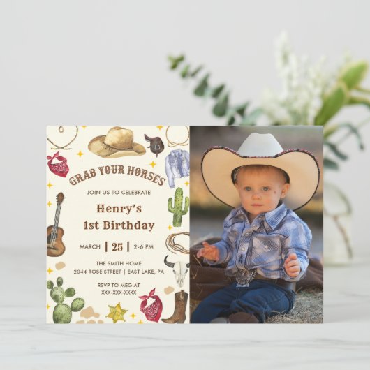 Eerste Rodeo Pak je paarden Foto uitnodiging (Staand voorkant)