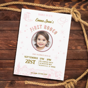 Eerste Rodeo Roze Cowgirl Eerste Verjaardag Uitnodiging Briefkaart