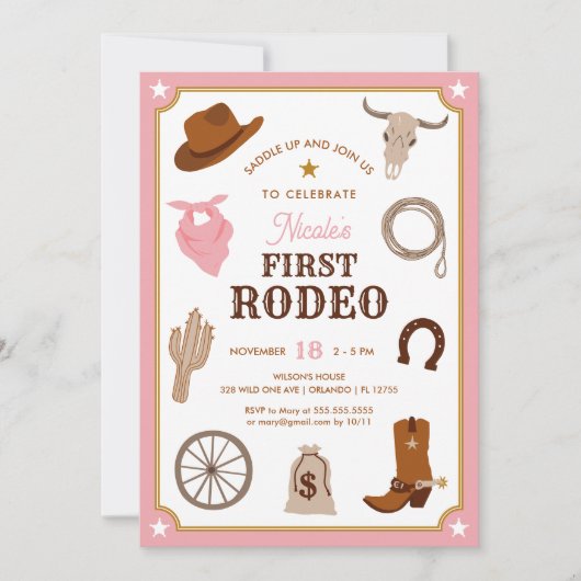 Eerste Rodeo Roze Cowgirl Wild West Eerste Verjaar Kaart (Voorkant)