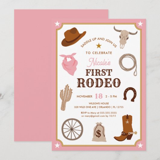 Eerste Rodeo Roze Cowgirl Wild West Eerste Verjaar Kaart (Voorkant / Achterkant)