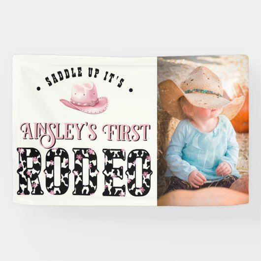Eerste Rodeo Roze gepersonaliseerde foto 1e verjaa Spandoek (Horizontaal)