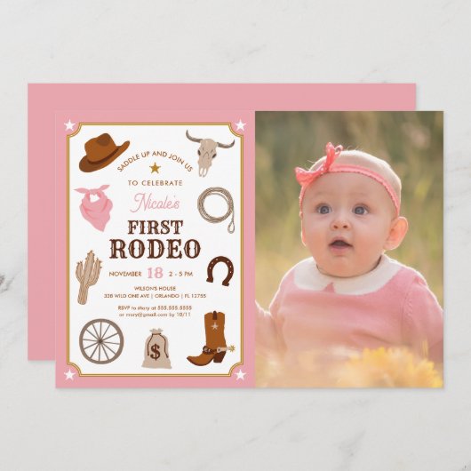 Eerste Rodeo Roze Meisje Wild West 1e Verjaardagsf Kaart (Voorkant / Achterkant)