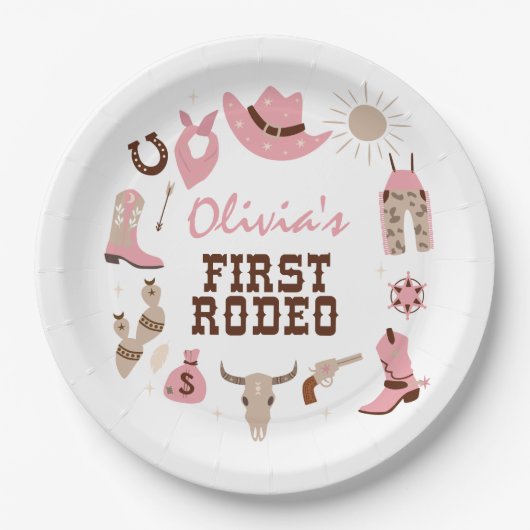 Eerste Rodeo Roze Western Cowboy 1e Verjaardag Papieren Bordje (Voorkant)