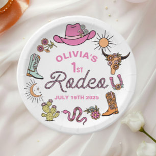 Eerste Rodeo Roze Western Cowboy 1e Verjaardag Papieren Bordje