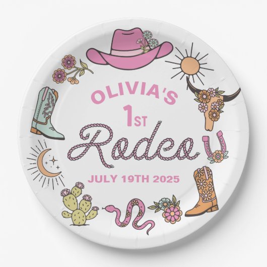 Eerste Rodeo Roze Western Cowboy 1e Verjaardag Papieren Bordje (Voorkant)