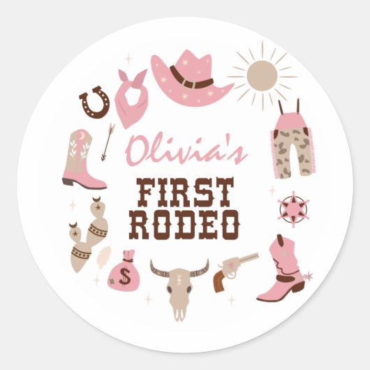 Eerste Rodeo Roze Western Cowboy 1e Verjaardag Ronde Sticker (Voorkant)