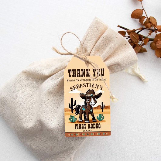 Eerste Rodeo schattig cowboy paard verjaardagsfees Cadeaulabel