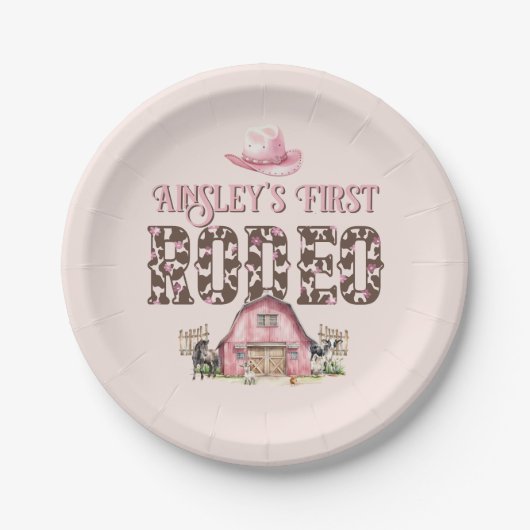 Eerste Rodeo Schattige Roze Gepersonaliseerde 1e V Papieren Bordje (Voorkant)