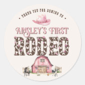 Eerste Rodeo Schattige Roze Gepersonaliseerde 1e V Ronde Sticker (Voorkant)