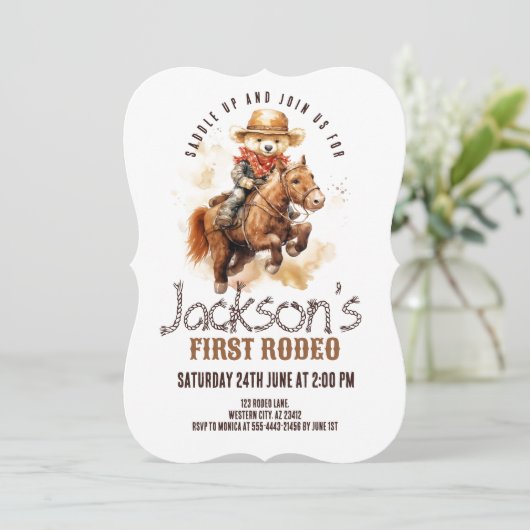 Eerste Rodeo Teddy Bear Paard Jongen Eerste Verjaa Kaart (Staand voorkant)
