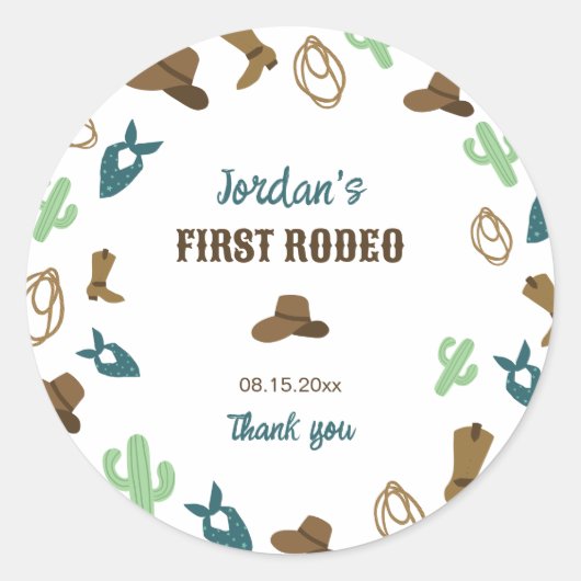 Eerste Rodeo Verjaardag 1e Cowboy Western Ronde Sticker (Voorkant)