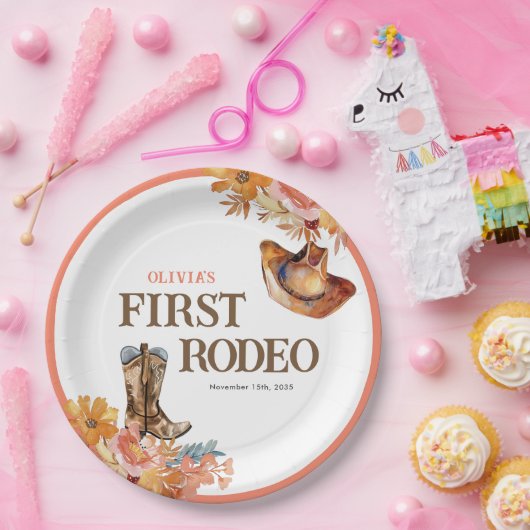 Eerste Rodeo Western Meisje 1e Verjaardag Papieren Bordje (Feest)