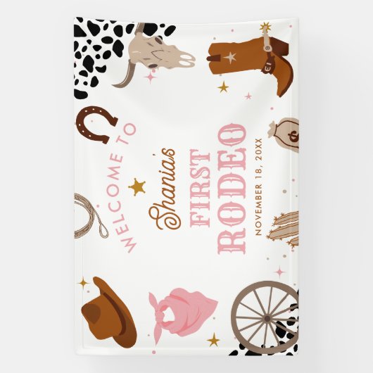 Eerste Rodeo Western Meisje Eerste Verjaardag Welk Spandoek (Verticaal)