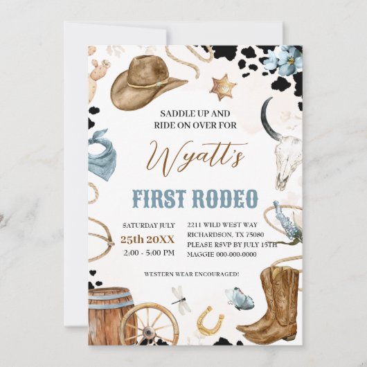EERSTE RODEO Westerne Cowboy 1e Verjaardagsuitnodi Kaart (Voorkant)