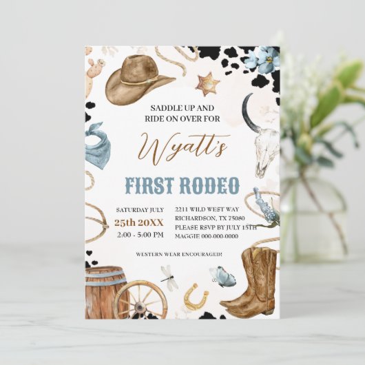 EERSTE RODEO Westerne Cowboy 1e Verjaardagsuitnodi Kaart (Staand voorkant)