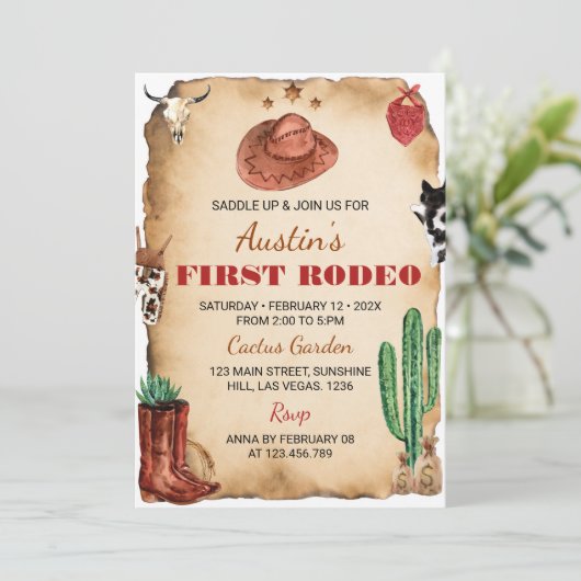 Eerste Rodeo Westerne Cowboy Verjaardagsuitnodigin Kaart (Staand voorkant)