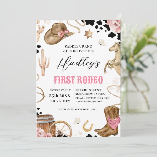 EERSTE RODEO Westerne Cowgirl Verjaardagsuitnodigi Kaart (Staand voorkant)