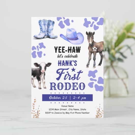 Eerste Rodeo Westerne Verjaardag BLAUW Kaart (Staand voorkant)