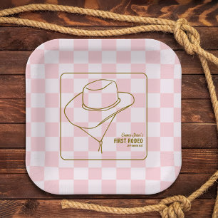Eerste Rodeo Westers Roze Geruit 1e Verjaardag Papieren Bordje