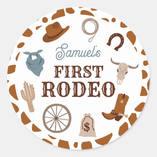 Eerste Rodeo Wild West Brown Boy Eerste Verjaardag Ronde Sticker (Voorkant)