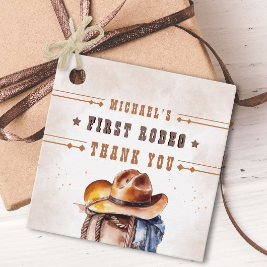 Eerste RODEO | Wild West Cowboy 1e verjaardag jong Bedankjes Labels