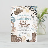 Eerste Rodeo Wild West Cowboy Blauwe Jongen Verjaa Kaart (Staand voorkant)