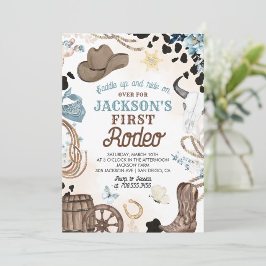 Eerste Rodeo Wild West Cowboy Blauwe Jongen Verjaa Kaart (Staand voorkant)