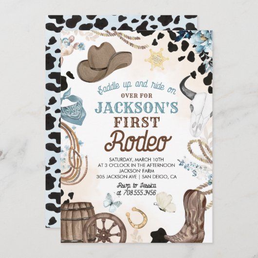 Eerste Rodeo Wild West Cowboy Blauwe Jongen Verjaa Kaart (Voorkant / Achterkant)
