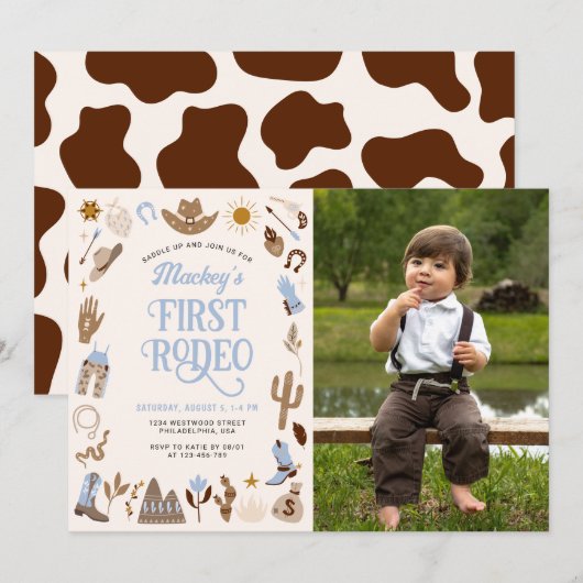 Eerste Rodeo Wild West Cowboy Blauwe Verjaardag Fo Kaart (Voorkant / Achterkant)