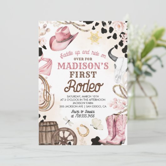 Eerste Rodeo Wild West Cowgirl roze meisje verjaar Kaart (Staand voorkant)