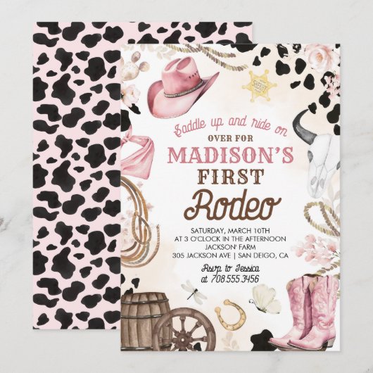 Eerste Rodeo Wild West Cowgirl roze meisje verjaar Kaart (Voorkant / Achterkant)