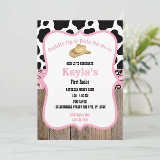 Eerste Rodeo Wild West Cowgirl roze meisje verjaar Kaart (Staand voorkant)