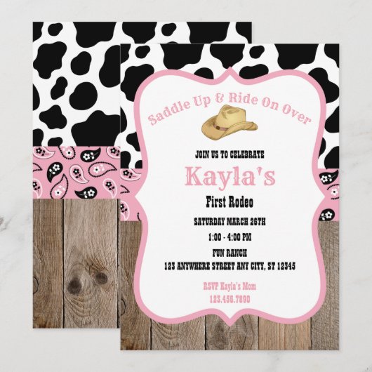 Eerste Rodeo Wild West Cowgirl roze meisje verjaar Kaart (Voorkant / Achterkant)