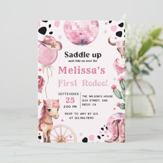 Eerste Rodeo Wild West Cowgirl Uitnodiging voor ve (Staand voorkant)