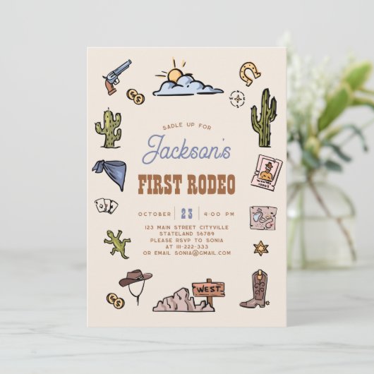 Eerste Rodeo Wild West Hand getrokken Kids Verjaar Kaart (Staand voorkant)