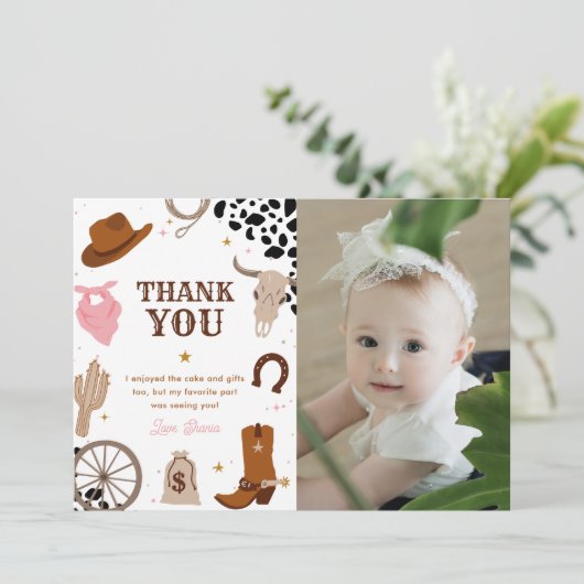 Eerste Rodeo Wild West Meisje Eerste Verjaardag Fo Bedankkaart (Staand voorkant)