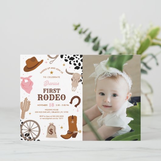 Eerste Rodeo Wild West Meisje Eerste Verjaardag Fo Kaart (Staand voorkant)