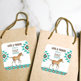 Eerste rodeo zuidwestelijk turkooi paard vierkante sticker