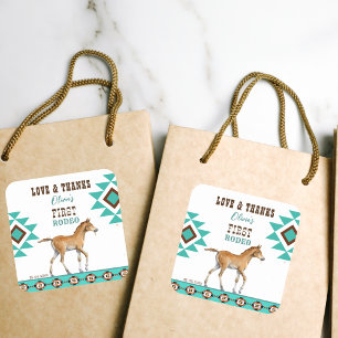 Eerste rodeo zuidwestelijk turkooi paard vierkante sticker