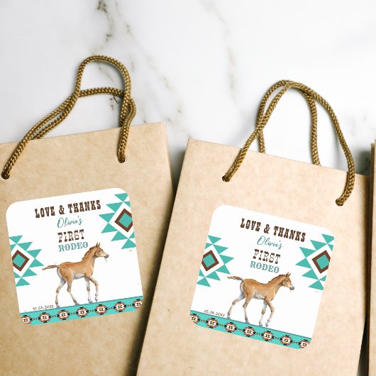 Eerste rodeo zuidwestelijk turkooi paard vierkante sticker