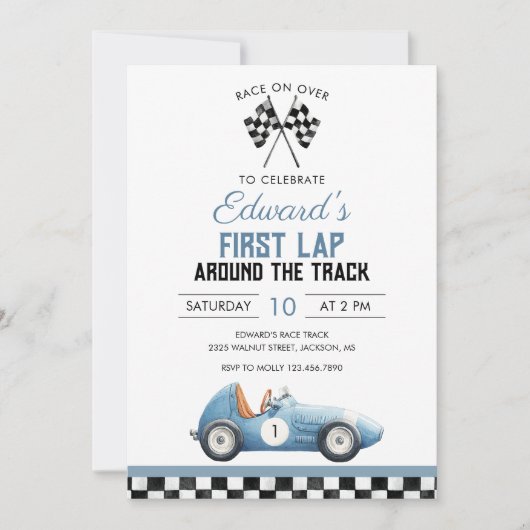 Eerste ronde blauwe raceauto 1e verjaardag kaart (Voorkant)