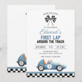 Eerste ronde blauwe raceauto 1e verjaardag kaart (Voorkant / Achterkant)