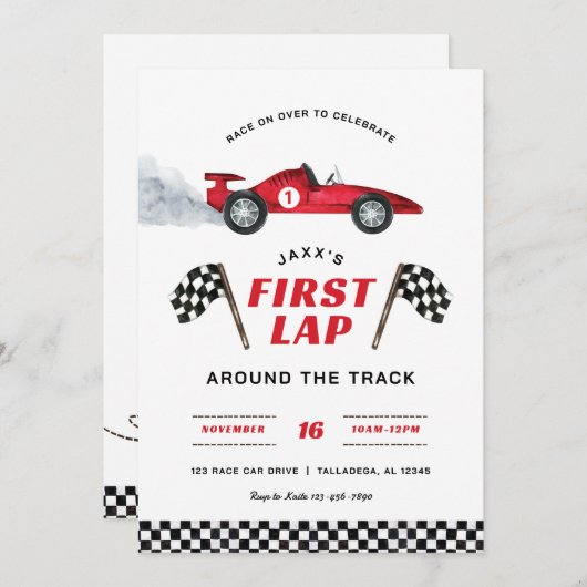 Eerste ronde race auto 1e verjaardag uitnodiging (Voorkant / Achterkant)