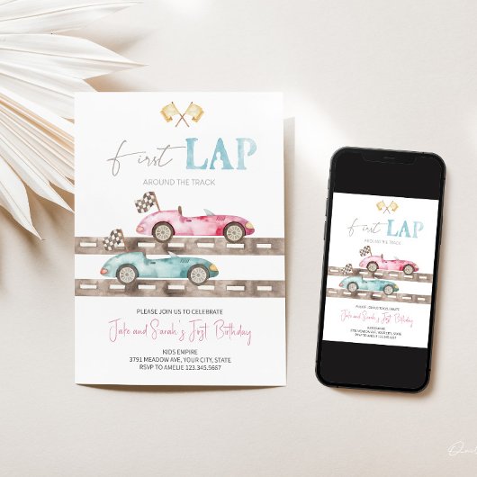 Eerste ronde race auto tweeling verjaardag uitnodi kaart