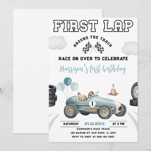 Eerste ronde raceauto rond het circuit 1e verjaard kaart (Voorkant / Achterkant)