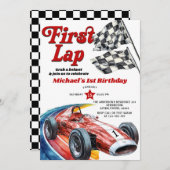Eerste ronde  rode raceauto 1e verjaardagsfeest kaart (Voorkant / Achterkant)