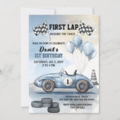 Eerste ronde rond de blauwe raceauto van de baan V Kaart (Voorkant)